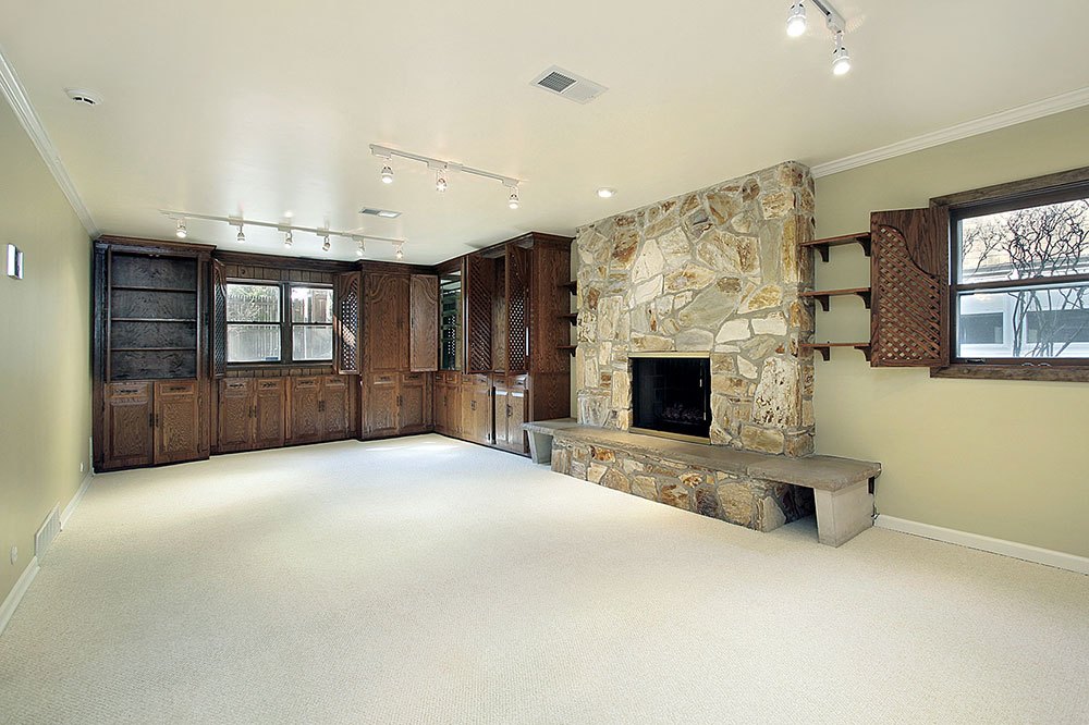 Family room with stone fireplace