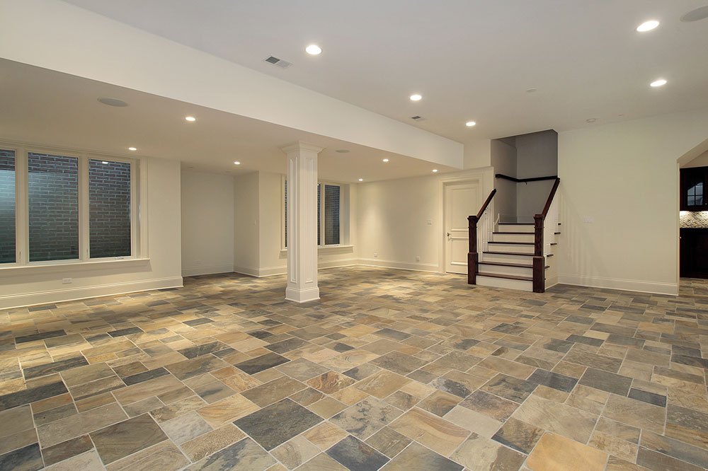 Checkerboard floor in lower level