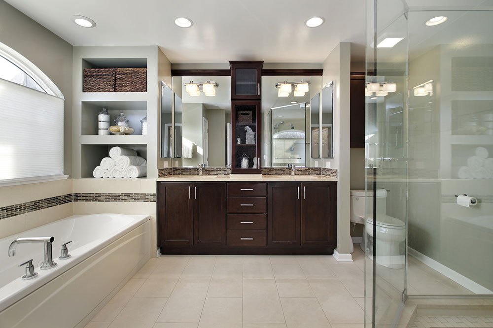 Master bath with dark wood cabinetry