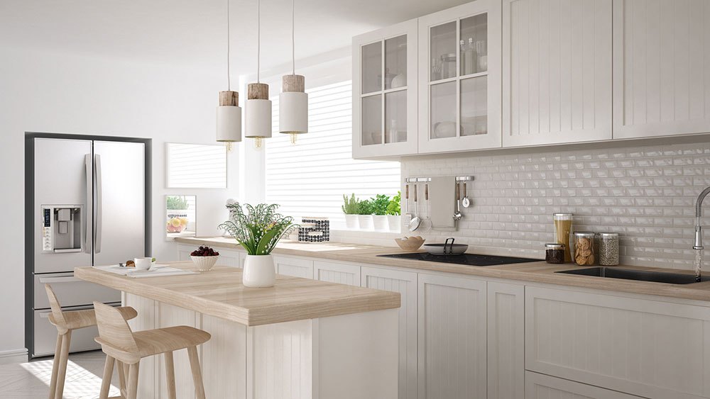 Scandinavian classic kitchen with wooden and white details, minimalistic interior design