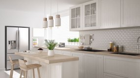 Scandinavian classic kitchen with wooden and white details, minimalistic interior design