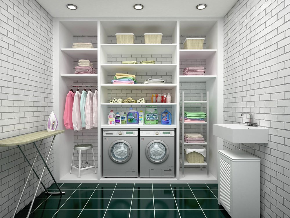 Design of a laundry room with white shelves. 3d illustration