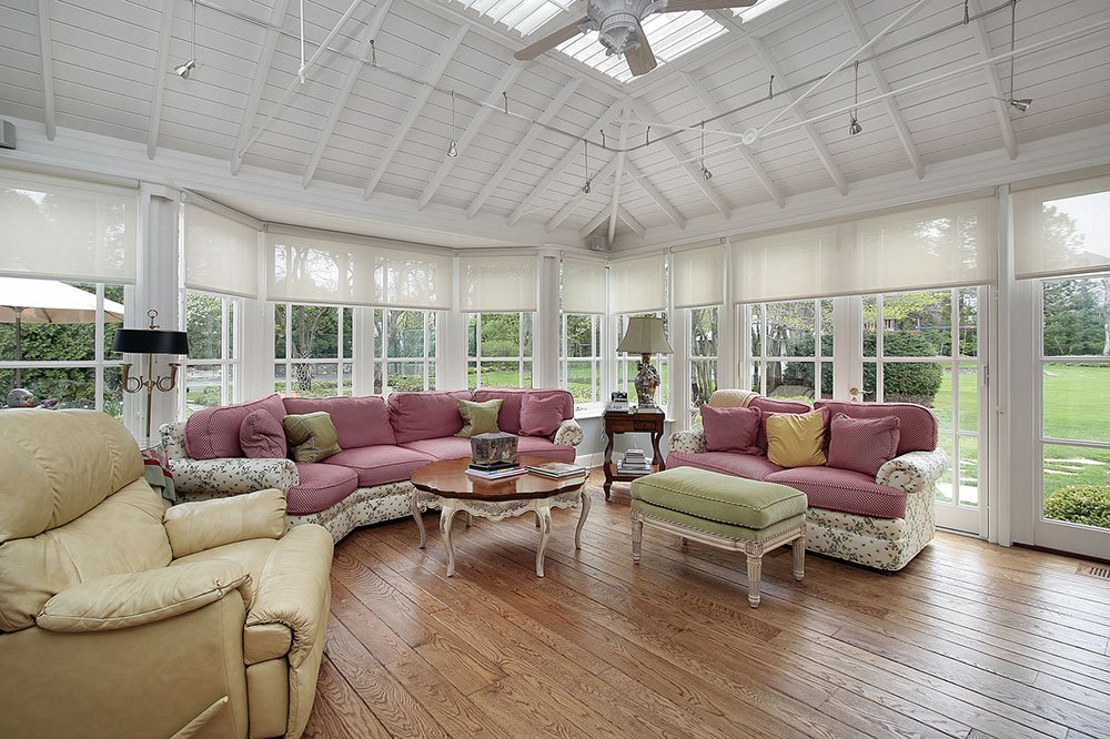 Family room with wall of windows