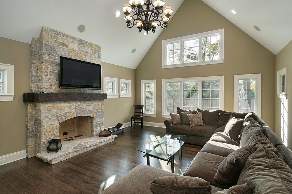 Family room with stone fireplace