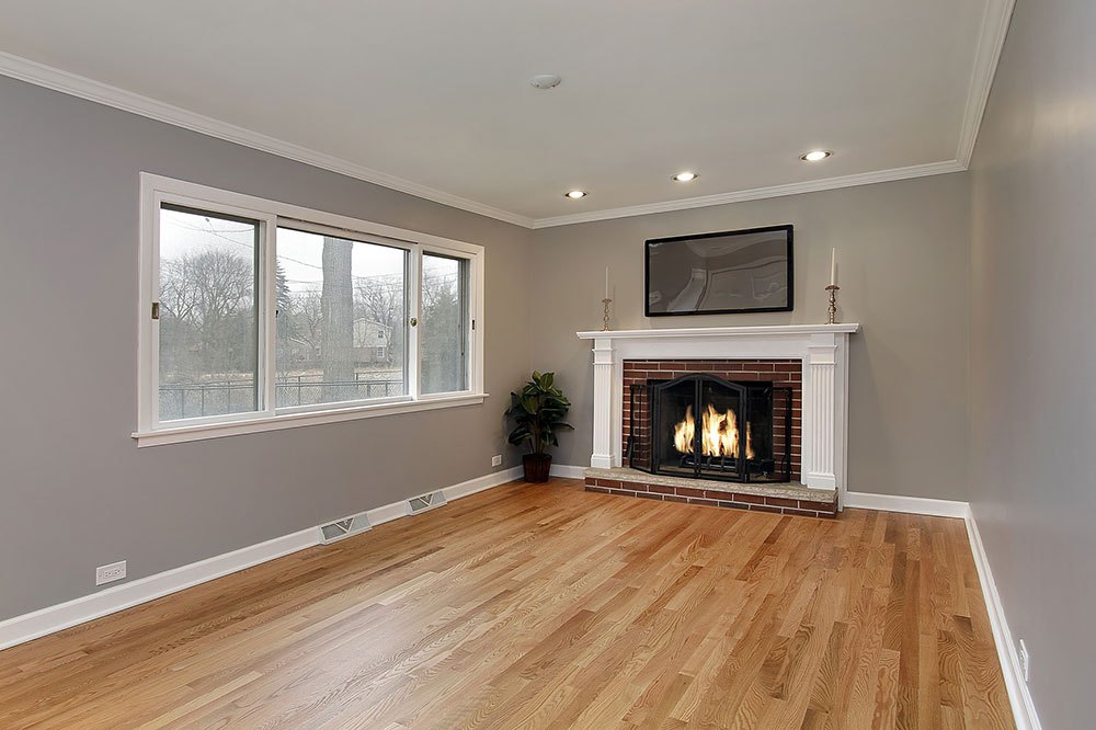 Family room with brick fireplace